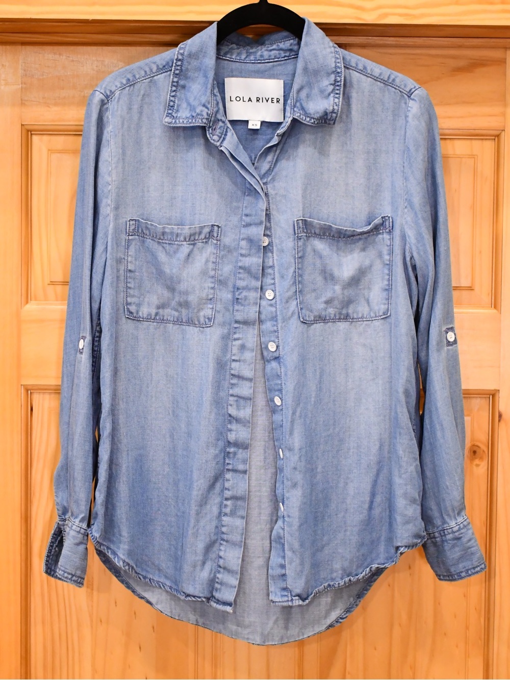 Light Blue Denim Shirt - Casual Button-Up Button Sleeve Option Lola River XS